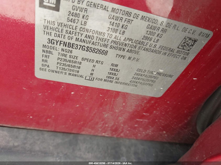 2016 Cadillac Srx VIN 3GYFNBE37GS582668 IAAI salvage auction — HAIL, Original (Texas), sold $2,750 on 2026-09-01 (photo 9)