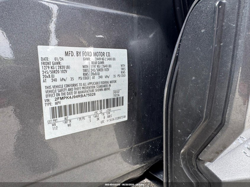 2024 Ford Edge VIN 2FMPK4J94RBA75028 IAAI salvage auction — MECHANICAL, Clear (Texas), sold $6,000 on 2026-07-19 (photo 9)
