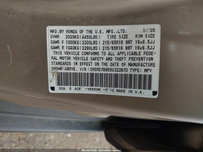 2005 Honda Cr-v VIN SHSRD78955U322870 IAAI salvage auction — BIO HAZARD, Clear (Massachusetts), sold $900 on 2026-07-24 (photo 9)