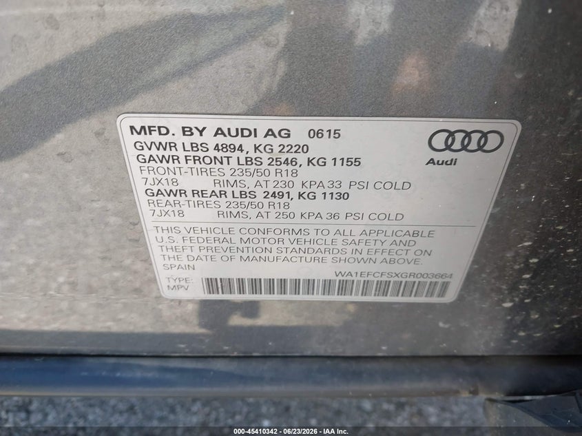 2016 Audi Q3 VIN WA1EFCFSXGR003664 IAAI salvage auction — RIGHT FRONT, Clear (Indiana), sold $5,200 on 2026-07-23 (photo 9)