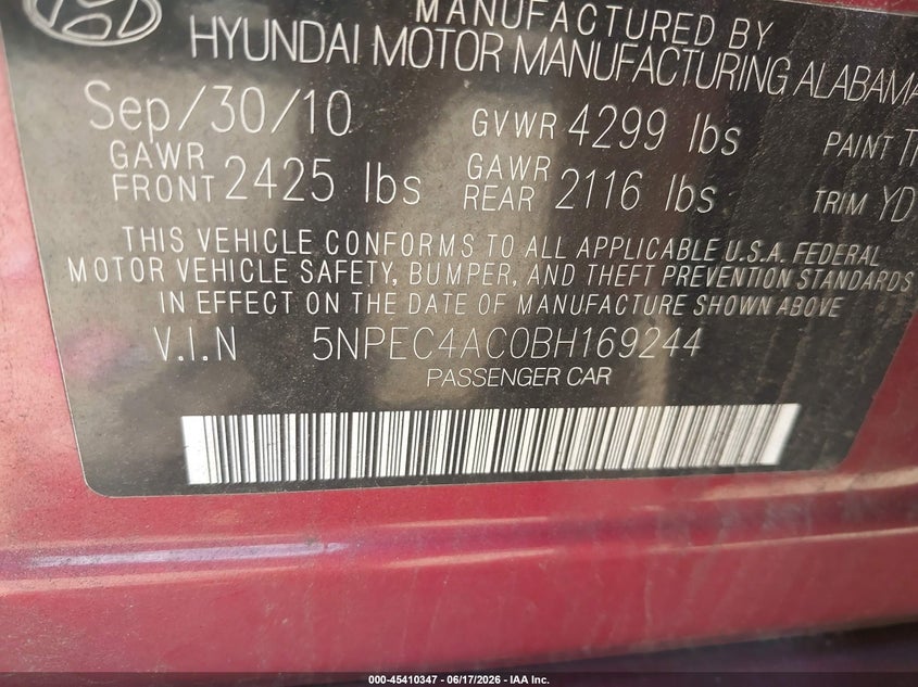 2011 Hyundai Sonata VIN 5NPEC4AC0BH169244 IAAI salvage auction — NORMAL WEAR, Clear (Virginia), sold $650 on 2026-07-20 (photo 9)