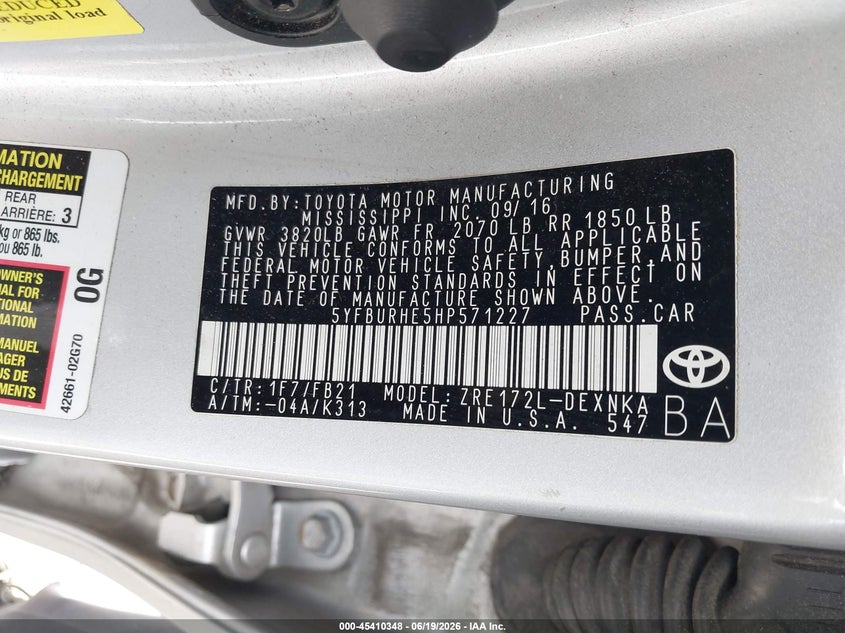 2017 Toyota Corolla VIN 5YFBURHE5HP571227 IAAI salvage auction — FRONT END, Salvage Title, sold $2,700 on 2026-08-02 (photo 9)