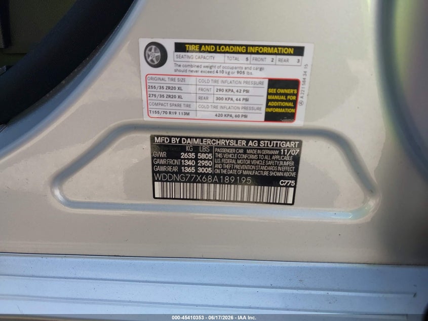 2008 Mercedes-benz S class VIN WDDNG77X68A189195 IAAI salvage auction — FRONT END, Rebuildable (Florida), sold $3,650 on 2026-07-29 (photo 9)