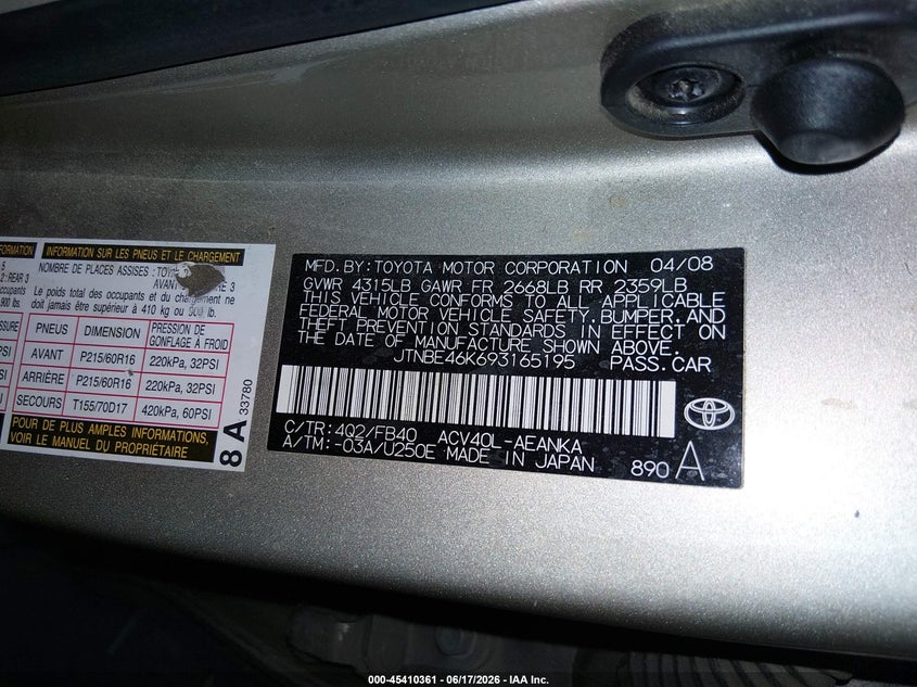 2009 Toyota Camry VIN JTNBE46K693165195 IAAI salvage auction — REAR END, Salvage (Arizona), sold $1,150 on 2026-07-21 (photo 9)