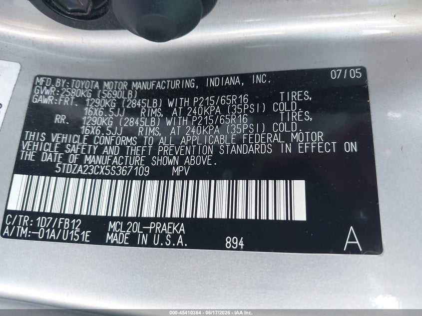 2005 Toyota Sienna VIN 5TDZA23CX5S367109 IAAI salvage auction — RIGHT FRONT, Salvage (California), sold $875 on 2026-07-07 (photo 9)
