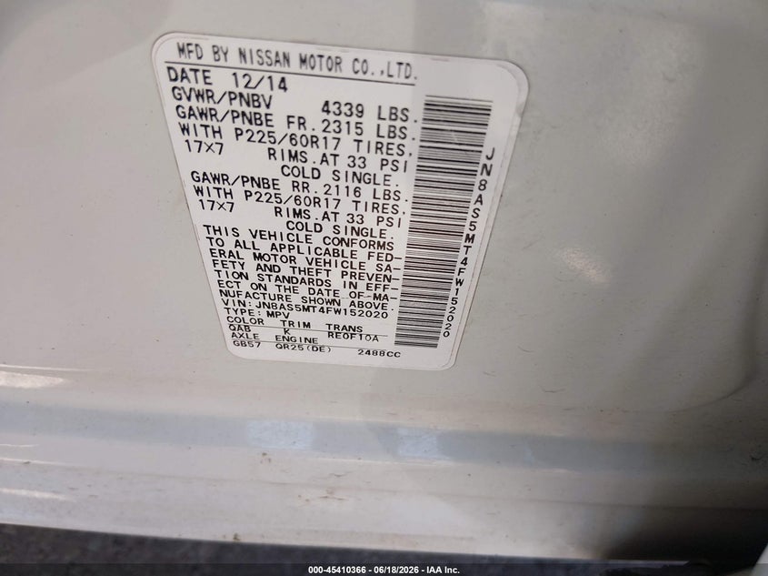 2015 Nissan Rogue VIN JN8AS5MT4FW152020 IAAI salvage auction — NORMAL WEAR, Original (Texas), sold $1,125 on 2026-07-20 (photo 9)