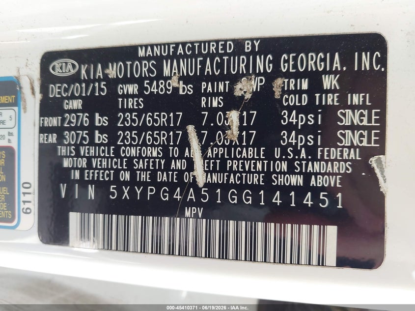 2016 Kia Sorento VIN 5XYPG4A51GG141451 IAAI salvage auction — NORMAL WEAR, Clear (Florida), sold $1,225 on 2026-07-16 (photo 9)