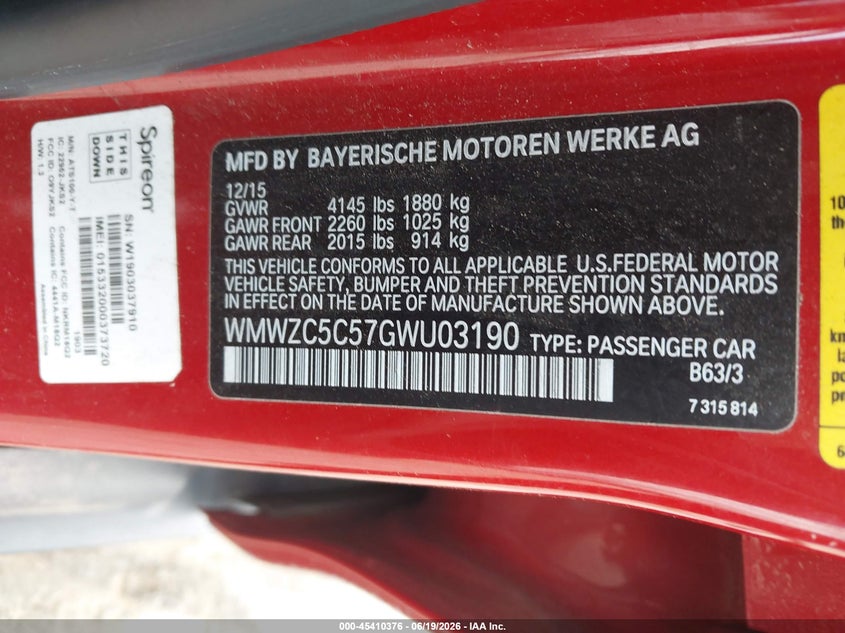 2016 Mini Countryman VIN WMWZC5C57GWU03190 IAAI salvage auction — FRONT END, Salvage (North Carolina), sold $825 on 2026-07-20 (photo 9)