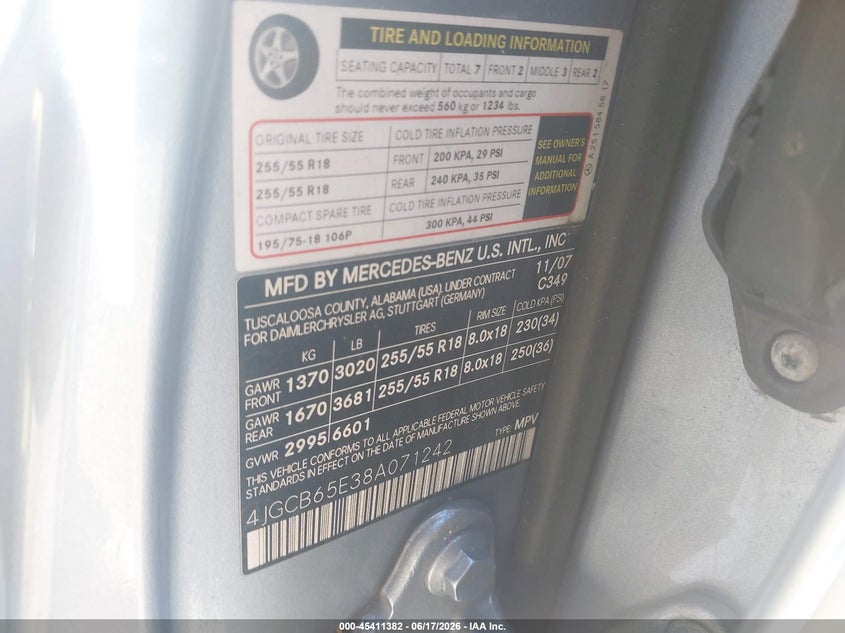 2008 Mercedes-benz R-klasse VIN 4JGCB65E38A071242 IAAI salvage auction — FRONT END, Salvage - Greater Than 75% (Maryland), sold $500 on 2026-07-26 (photo 9)
