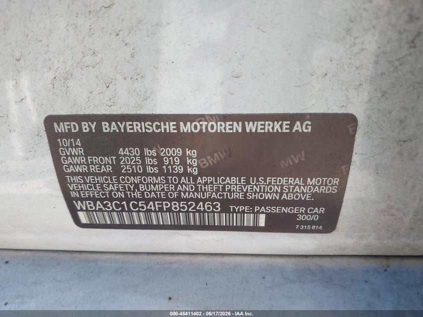 2015 BMW VIN WBA3C1C54FP852463 IAAI salvage auction — FRONT & REAR, Salvage Title, sold $2,150 on 2026-08-10 (photo 9)