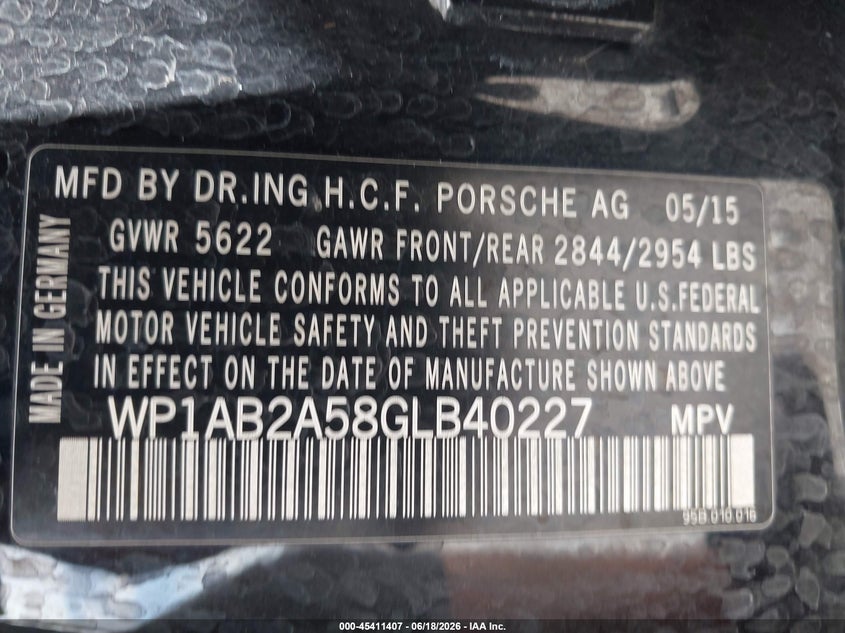 2016 Porsche Macan VIN WP1AB2A58GLB40227 IAAI salvage auction — VANDALISM, Salvage (Pennsylvania), sold $4,600 on 2026-07-08 (photo 9)