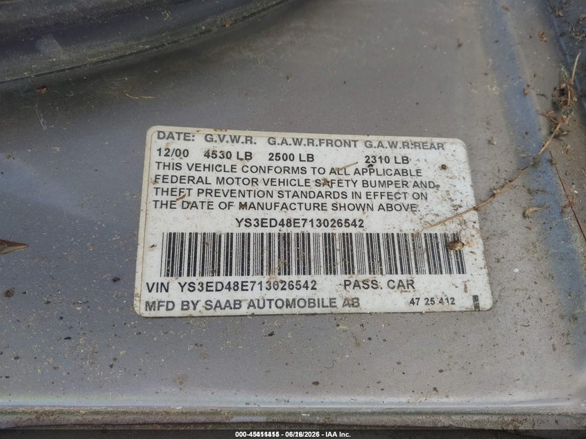 2001 Saab 9-5 VIN YS3ED48E713026542 IAAI salvage auction — BIO HAZARD, Salvage (Idaho), sold $275 on 2026-08-17 (photo 9)