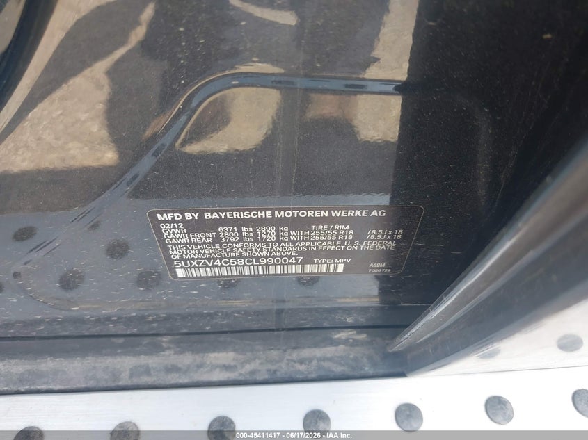 2012 BMW X5 VIN 5UXZV4C58CL990047 IAAI salvage auction — FRONT END, Salvage (Pennsylvania), sold $775 on 2026-07-17 (photo 9)