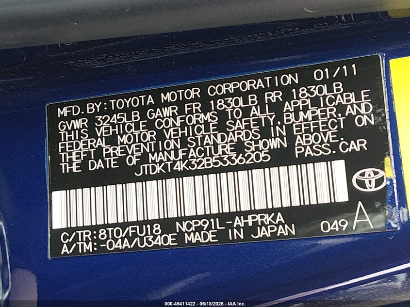 2011 Toyota Yaris VIN JTDKT4K32B5336205 IAAI salvage auction — FRONT END, Salvage (California), sold $750 on 2026-07-13 (photo 9)