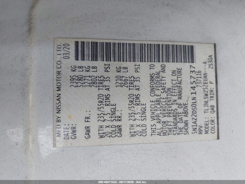 2020 Nissan Murano VIN 5N1AZ2DS0LN145737 IAAI salvage auction — FRONT END, Salvage (California), sold $2,250 on 2026-07-09 (photo 9)