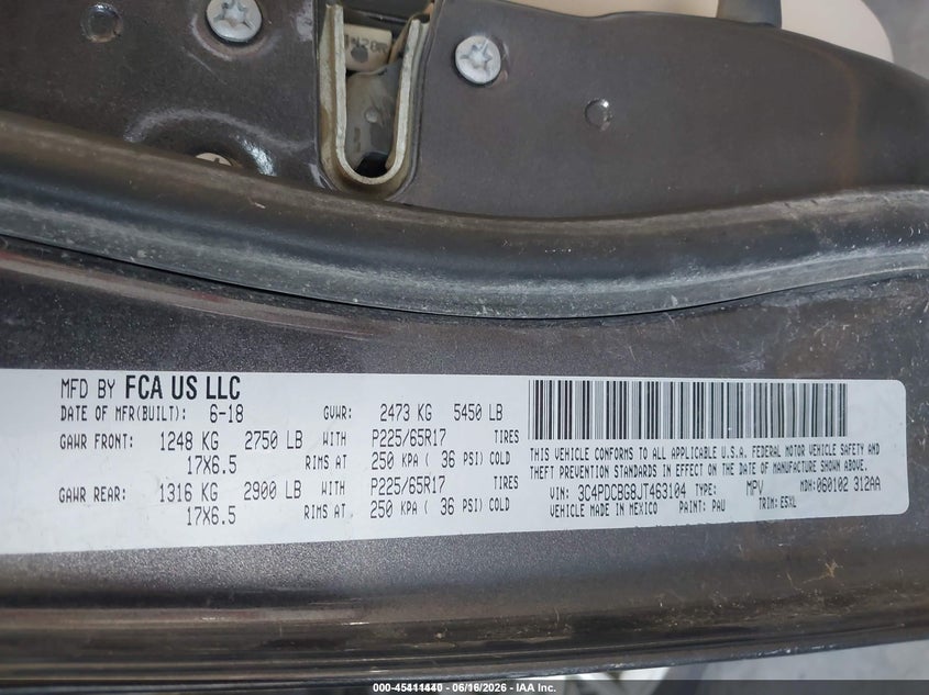 2018 Dodge Journey VIN 3C4PDCBG8JT463104 IAAI salvage auction — NORMAL WEAR, Sf97 (Texas), sold $7,100 on 2026-08-04 (photo 9)