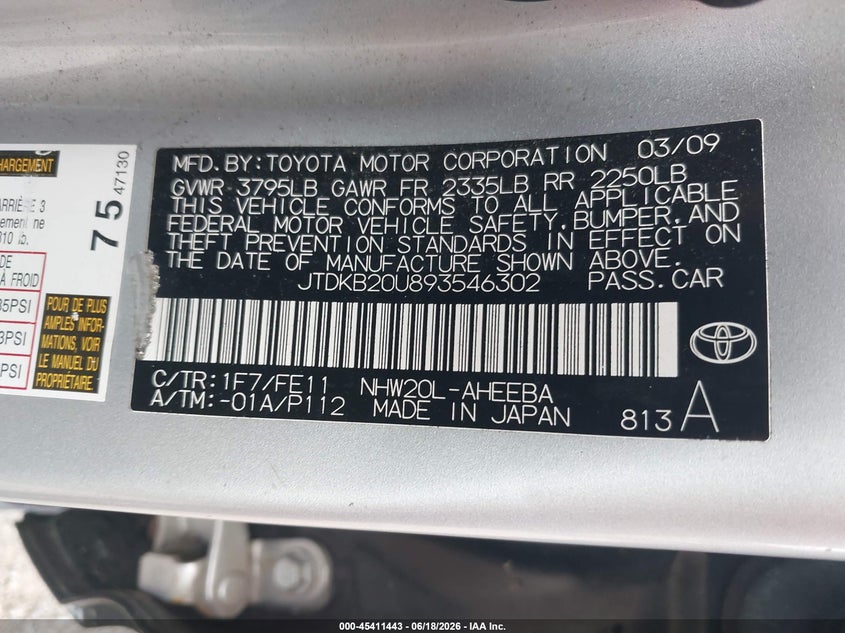 2009 Toyota Prius VIN JTDKB20U893546302 IAAI salvage auction — NORMAL WEAR, Clear (Virginia), sold $275 on 2026-07-08 (photo 9)