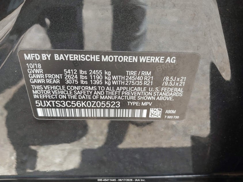 2019 BMW X3 VIN 5UXTS3C56K0Z05523 IAAI salvage auction — RIGHT FRONT, Salvage Title, sold $19,050 on 2026-07-17 (photo 9)