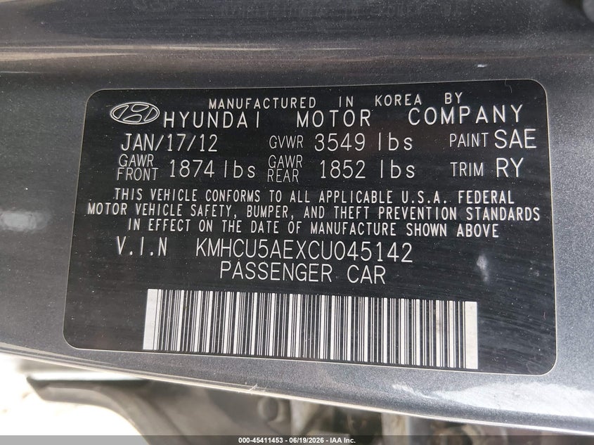 2012 Hyundai Accent VIN KMHCU5AEXCU045142 IAAI salvage auction — NORMAL WEAR, Clear (Maryland), sold $775 on 2026-07-29 (photo 9)