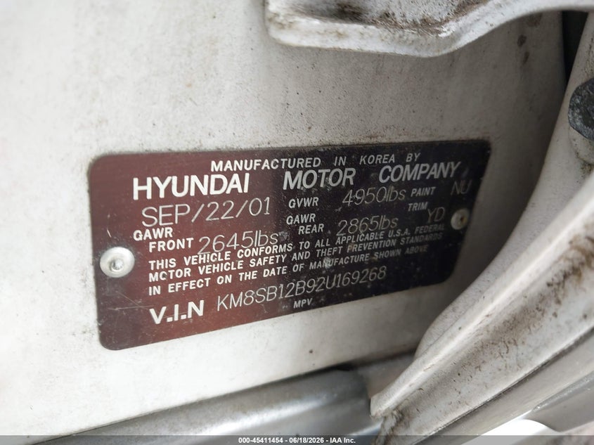 2002 Hyundai Santa fe VIN KM8SB12B92U169268 IAAI salvage auction — FRONT END, Mv-907A (New York), sold $450 on 2026-07-11 (photo 9)