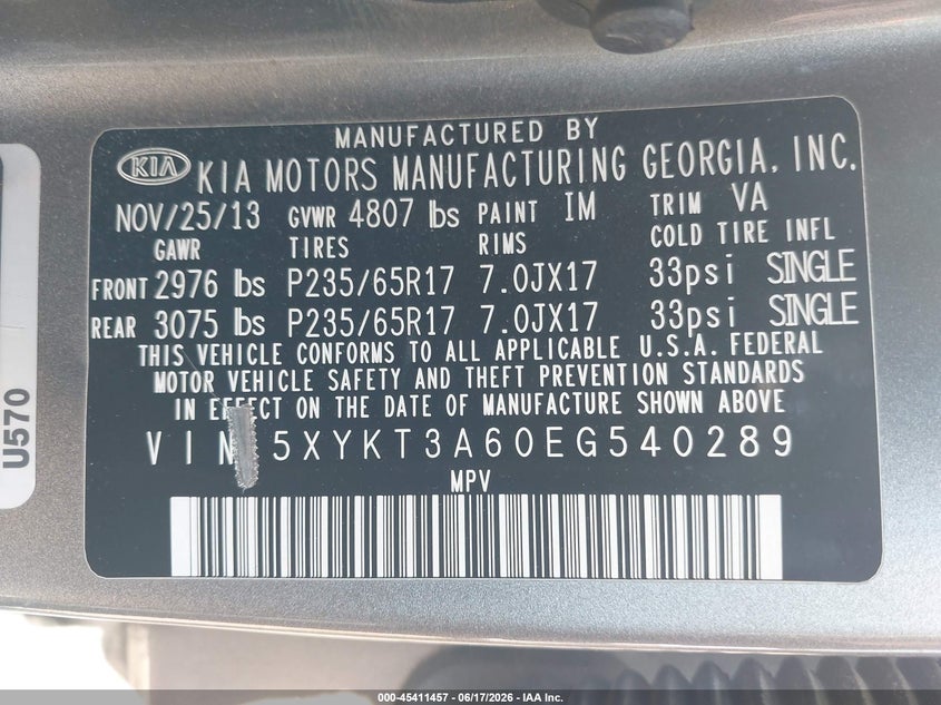 2014 Kia Sorento VIN 5XYKT3A60EG540289 IAAI salvage auction — RIGHT SIDE, Salvage (California), sold $1,450 on 2026-07-08 (photo 9)