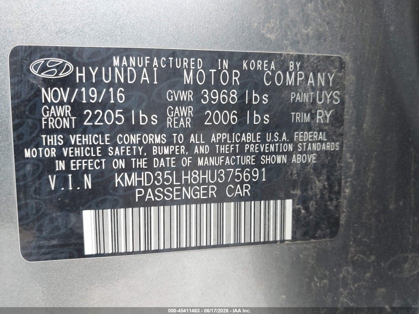 2017 Hyundai VIN KMHD35LH8HU375691 IAAI salvage auction — FRONT END, Salvage (Ohio), sold $575 on 2026-07-15 (photo 9)