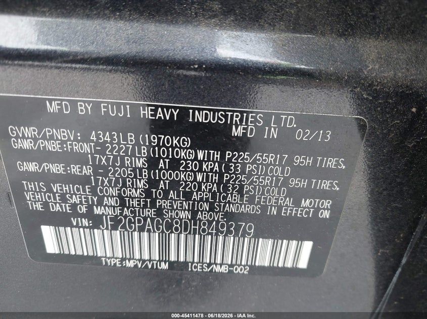 2013 Subaru Xv VIN JF2GPAGC8DH849379 IAAI salvage auction — NORMAL WEAR, Clear (Georgia), sold $325 on 2026-07-08 (photo 9)