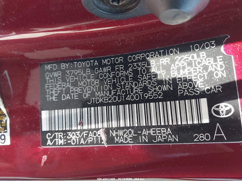 2004 Toyota Prius VIN JTDKB20U140019552 IAAI salvage auction — FRONT END, Salvage (California), sold $25 on 2026-07-29 (photo 9)