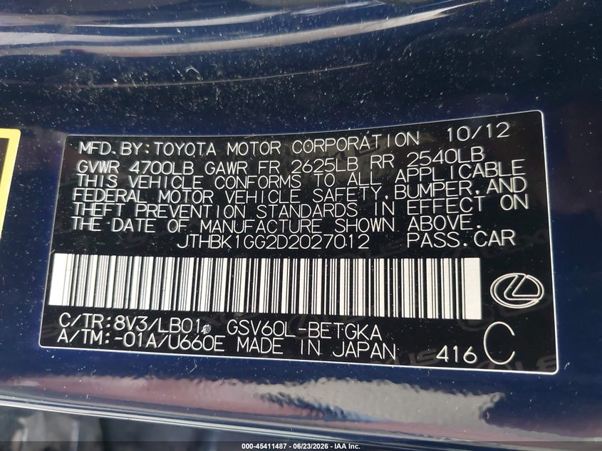 2013 Lexus ES VIN JTHBK1GG2D2027012 IAAI salvage auction — FRONT END, Mv-907A (New York), sold $1,650 on 2026-07-07 (photo 9)