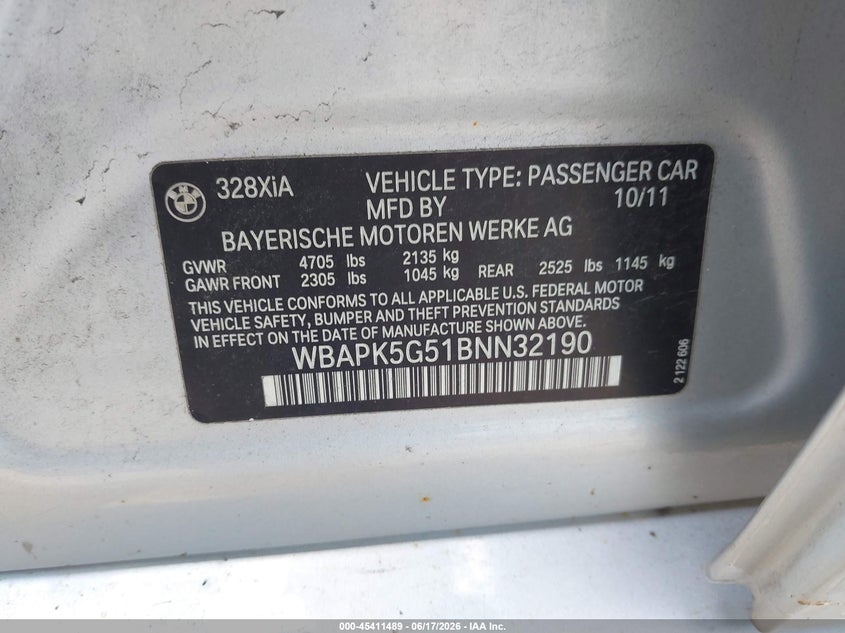 2011 BMW 3 series VIN WBAPK5G51BNN32190 IAAI salvage auction — FRONT END, Salvage (Pennsylvania), sold $200 on 2026-07-21 (photo 9)