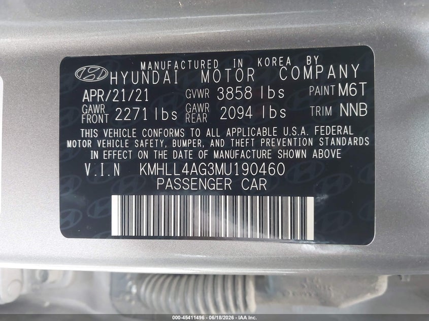 2021 Hyundai Elantra VIN KMHLL4AG3MU190460 IAAI salvage auction — FRONT END, Salvage Title, sold $1,550 on 2026-07-28 (photo 9)
