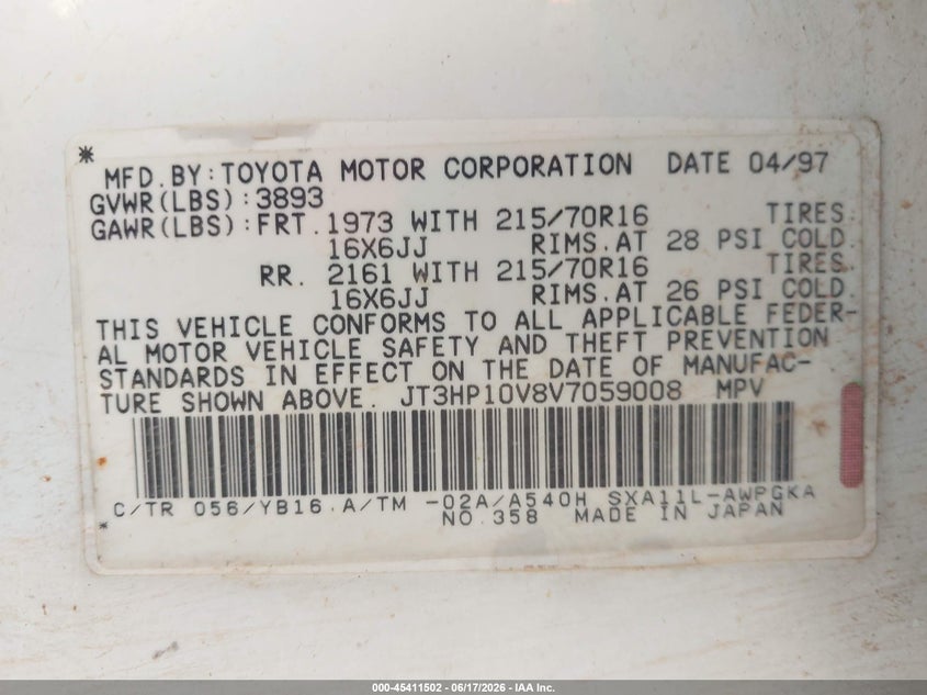 1997 Toyota Rav4 VIN JT3HP10V8V7059008 IAAI salvage auction — NORMAL WEAR, Clear-Dealer Only (Arizona), sold $375 on 2026-07-14 (photo 9)