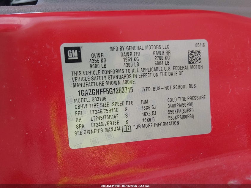 2016 Chevrolet Express 3500 VIN 1GAZGNFF5G1283715 IAAI salvage auction — LEFT FRONT, Sf97 (New York), sold $7,400 on 2026-09-12 (photo 9)