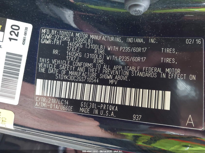 2016 Toyota Sienna VIN 5TDYK3DC2GS710544 IAAI salvage auction — FRONT END, Salvage (Idaho), sold $825 on 2026-07-20 (photo 9)