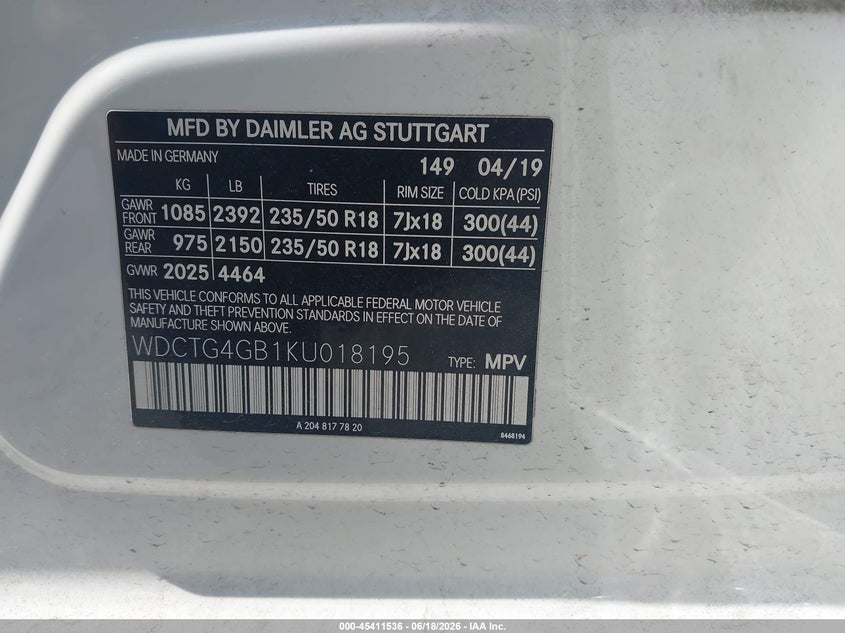 2019 Mercedes-benz Gla-klasse VIN WDCTG4GB1KU018195 IAAI salvage auction — FRONT END, Salvage (North Carolina), sold $4,650 on 2026-08-04 (photo 9)