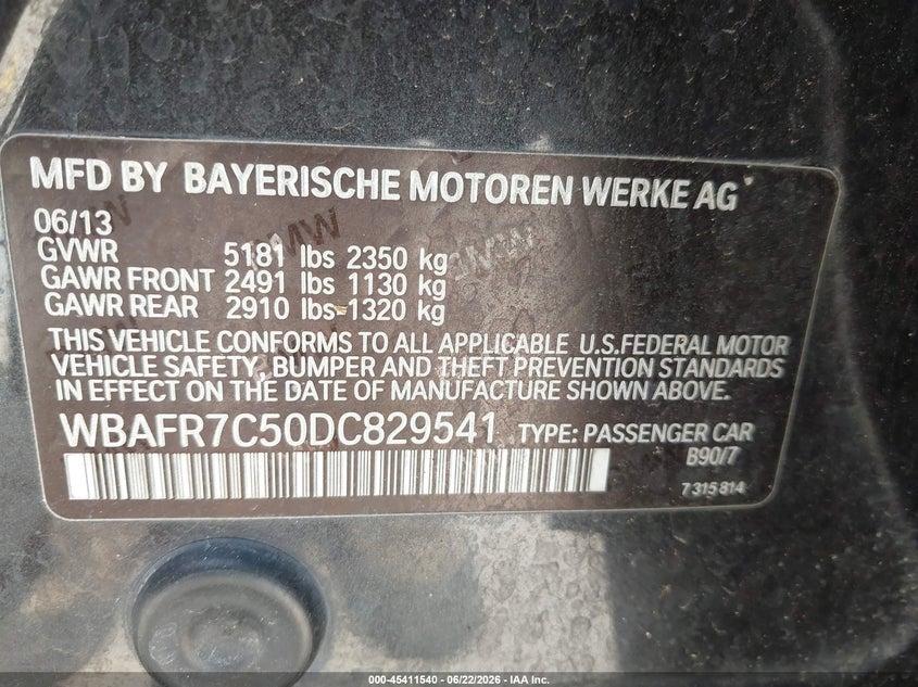 2013 BMW 5er VIN WBAFR7C50DC829541 IAAI salvage auction — FRONT END, Salvage Title, sold $575 on 2026-07-29 (photo 9)