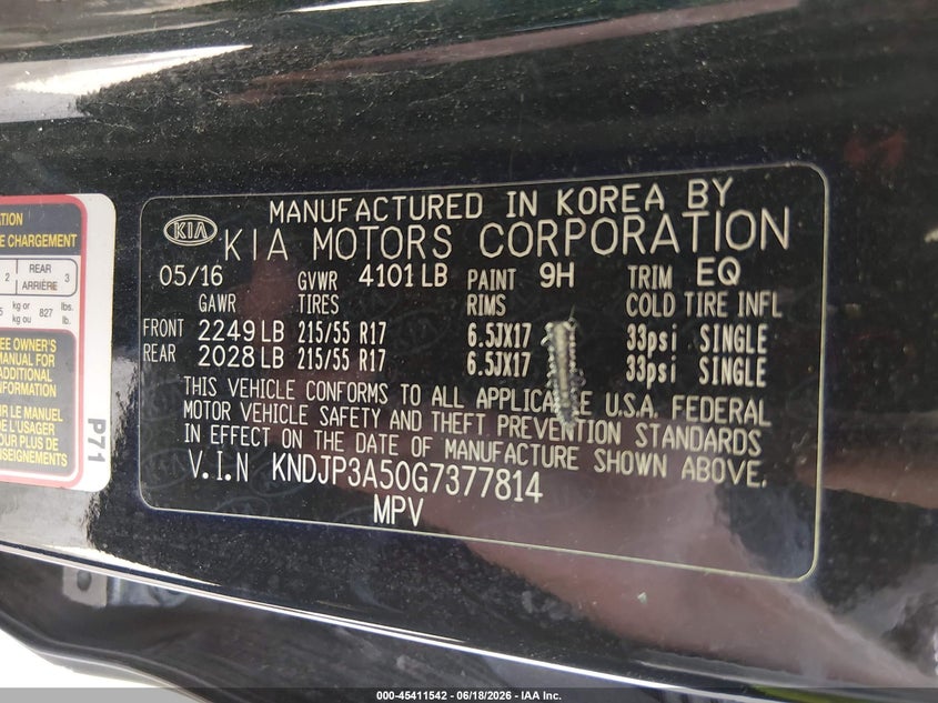2016 Kia Soul VIN KNDJP3A50G7377814 IAAI salvage auction — RIGHT SIDE, Salvage Title, sold $1,300 on 2026-07-29 (photo 9)