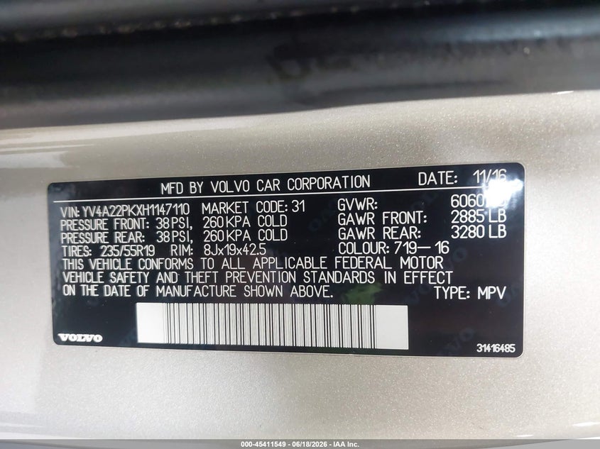 2017 Volvo Xc90 VIN YV4A22PKXH1147110 IAAI salvage auction — RIGHT FRONT, Wait Title, sold $4,650 on 2026-08-09 (photo 9)