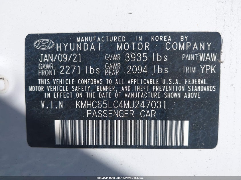 2021 Hyundai Ioniq hybrid VIN KMHC65LC4MU247031 IAAI salvage auction — NORMAL WEAR, Sf97 (New Jersey), sold $325 on 2026-07-21 (photo 9)