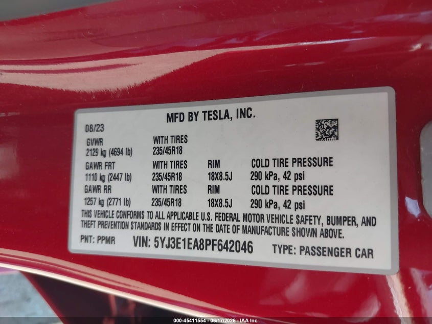 2023 Tesla Model 3 VIN 5YJ3E1EA8PF642046 IAAI salvage auction — FRONT END, Salvage (Virginia), sold $5,350 on 2026-07-16 (photo 9)
