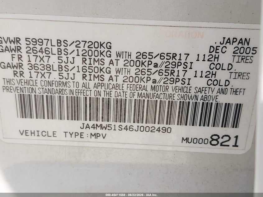 2006 Mitsubishi Montero VIN JA4MW51S46J002490 IAAI salvage auction — NORMAL WEAR, Salvage (Ohio), sold $400 on 2026-07-08 (photo 9)