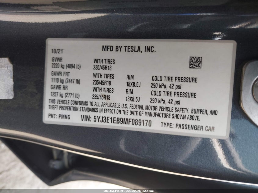 2021 Tesla Model 3 VIN 5YJ3E1EB9MF089170 IAAI salvage auction — RIGHT REAR, Salvage (California), sold $8,900 on 2026-07-08 (photo 9)