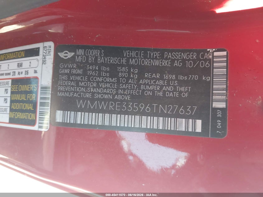 2006 Mini Cooper VIN WMWRE33596TN27637 IAAI salvage auction — NORMAL WEAR, Clear - Dealer Only (California), sold $475 on 2026-07-09 (photo 9)