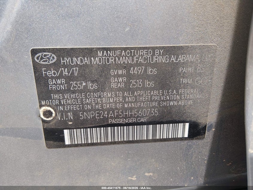 2017 Hyundai Sonata VIN 5NPE24AF5HH560735 IAAI salvage auction — FRONT END, Salvage (South Carolina), sold $850 on 2026-07-09 (photo 9)