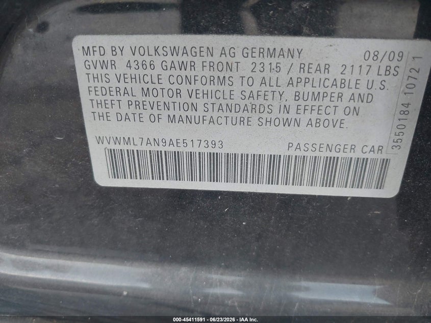 2010 Volkswagen Passat cc VIN WVWML7AN9AE517393 IAAI salvage auction — NORMAL WEAR, Clear (Florida), sold $300 on 2026-07-28 (photo 9)