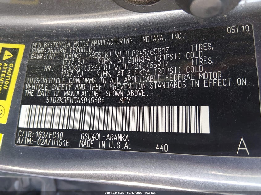 2010 Toyota Highlander VIN 5TDZK3EH5AS016484 IAAI salvage auction — NORMAL WEAR, Clear (Texas), sold $750 on 2026-07-13 (photo 9)