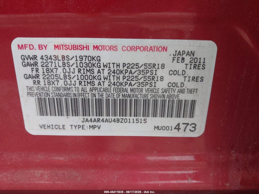 2011 Mitsubishi Outlander sport VIN JA4AR4AU4BZ011515 IAAI salvage auction — NORMAL WEAR, Clear (New York), sold $475 on 2026-07-28 (photo 9)