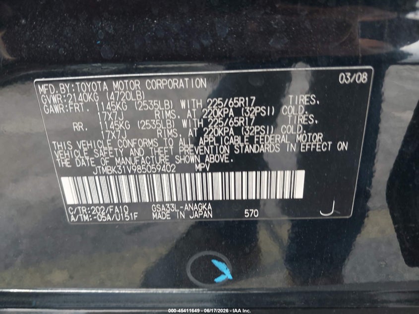 2008 Toyota Rav4 VIN JTMBK31V985059402 IAAI salvage auction — NORMAL WEAR, Clear (Florida), sold $875 on 2026-07-28 (photo 9)