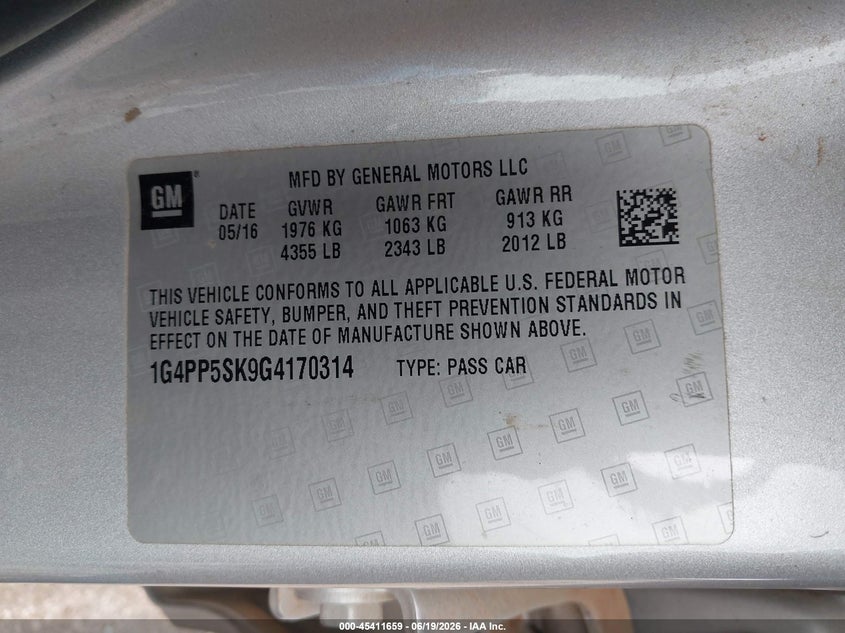 2016 Buick Verano VIN 1G4PP5SK9G4170314 IAAI salvage auction — FRONT END, Original (Texas), sold $1,000 on 2026-07-28 (photo 9)