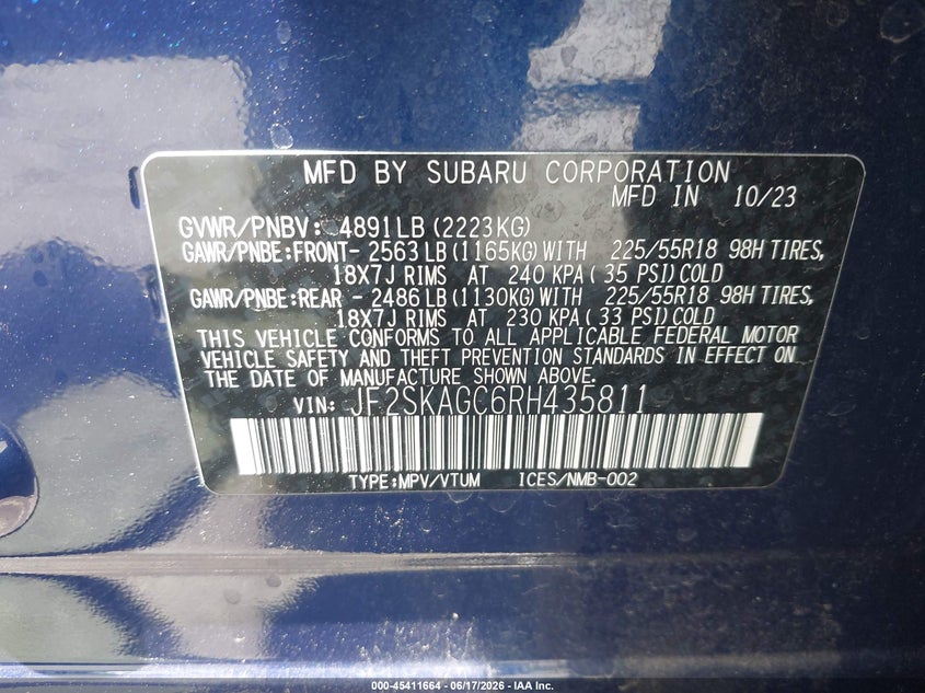 2024 Subaru Forester VIN JF2SKAGC6RH435811 IAAI salvage auction — REAR END, Salvage Title, sold $5,700 on 2026-07-23 (photo 9)